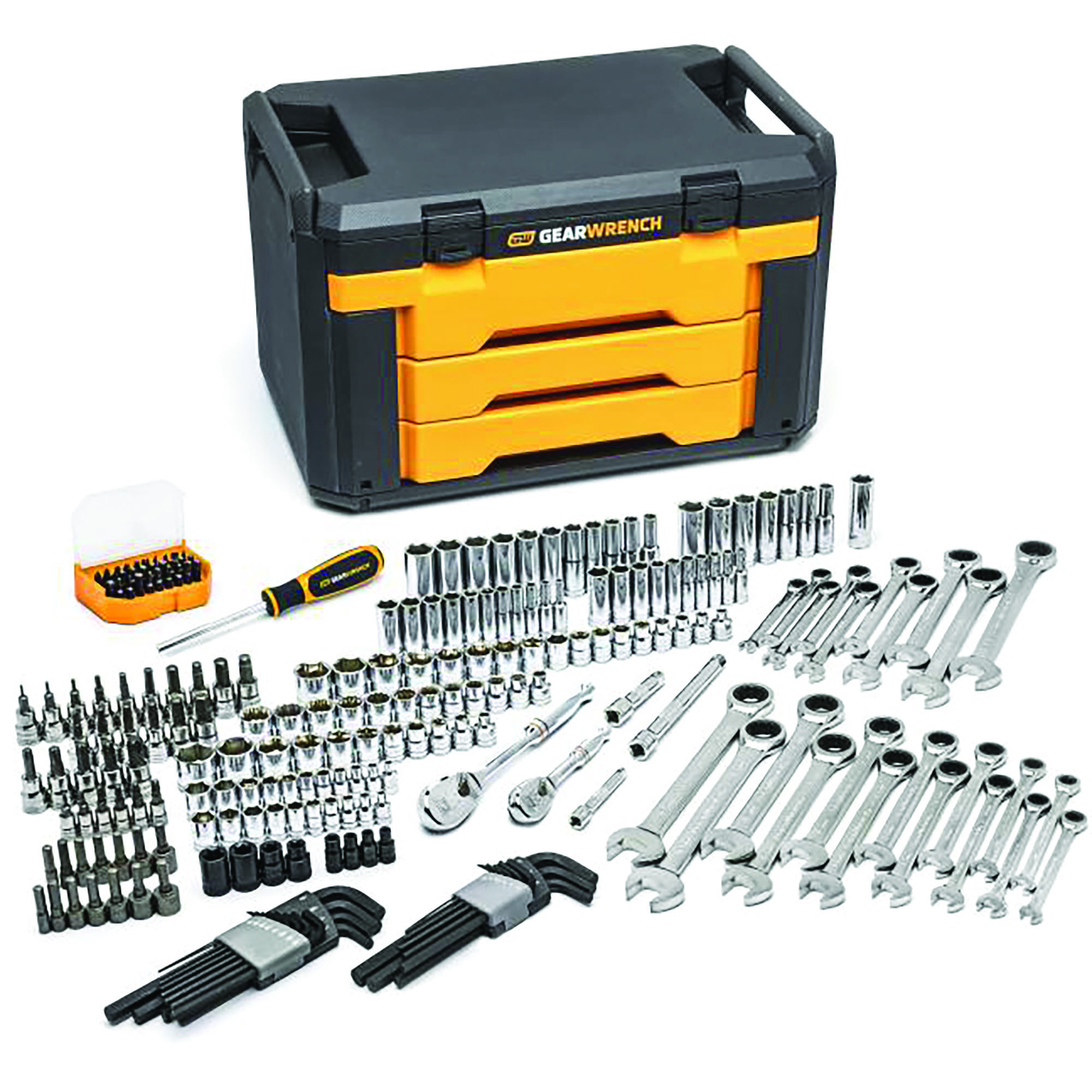 GearWrench Mechanics Tool Set — 232-Piece, SAE/Metric Sockets, Ratcheting Wrenches, Bits & Accessories, 3-Drawer Storage Box, Model# ATG80944